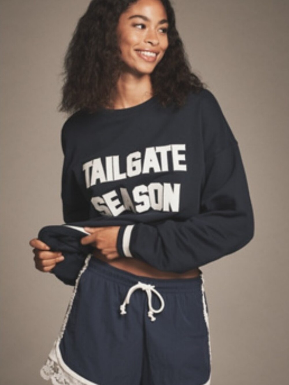NWT Beach Riot Navy Crewneck Sweater with White 'TAILGATE SEASON' Lettering